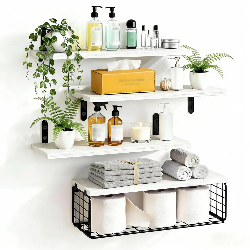 Étagère murale bois robuste 40 cm blanche avec panier de rangement fil