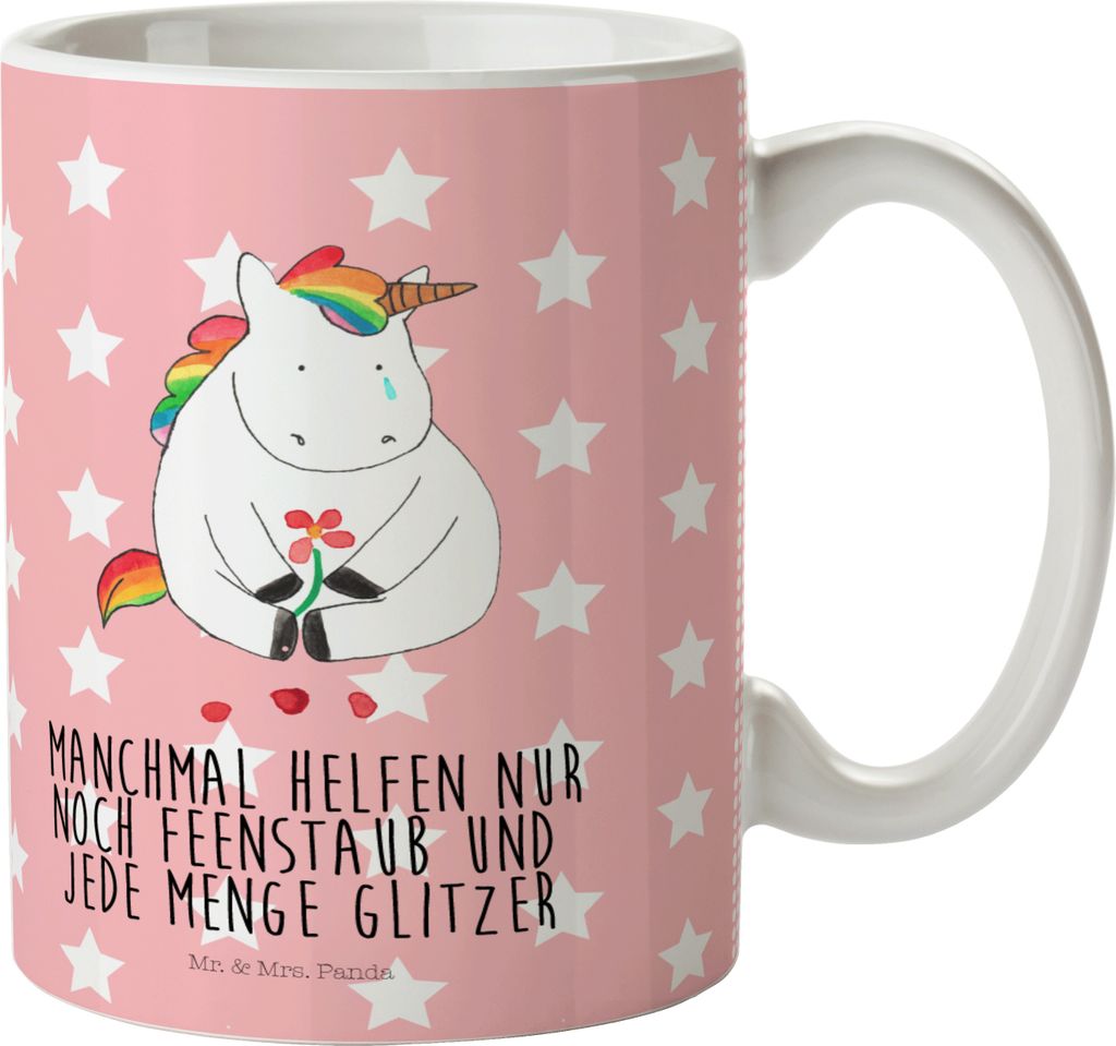 Mr. & Mrs. Panda Kinderbecher Einhorn Traurig - Rot Pastell - Geschenk, Liebe, Camping Tasse, Unicorn, Blume, Plastikbecher, Pott, Glitzer, Kindert...