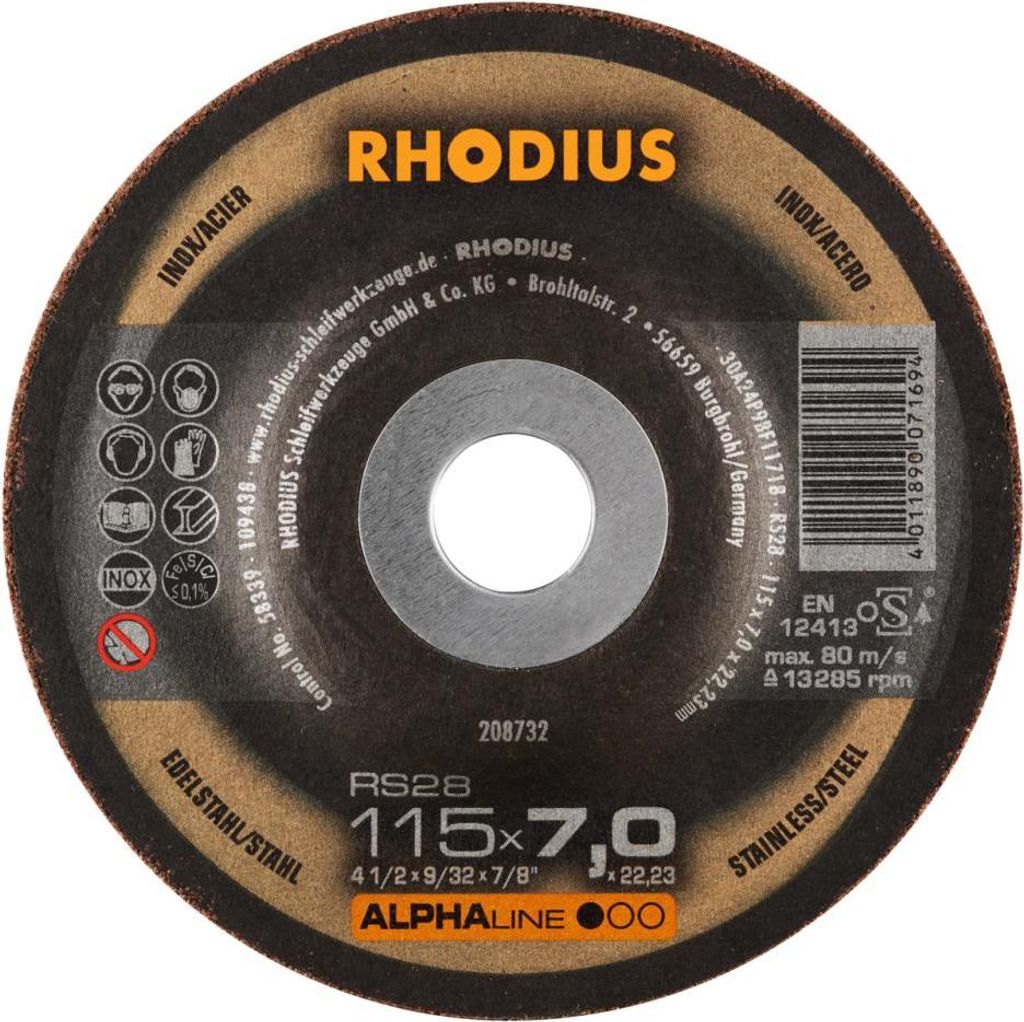 RHODIUS Schleifscheibe RS28 5er-Pack 115 x 7,0 x 22,23 ALPHAline 212091