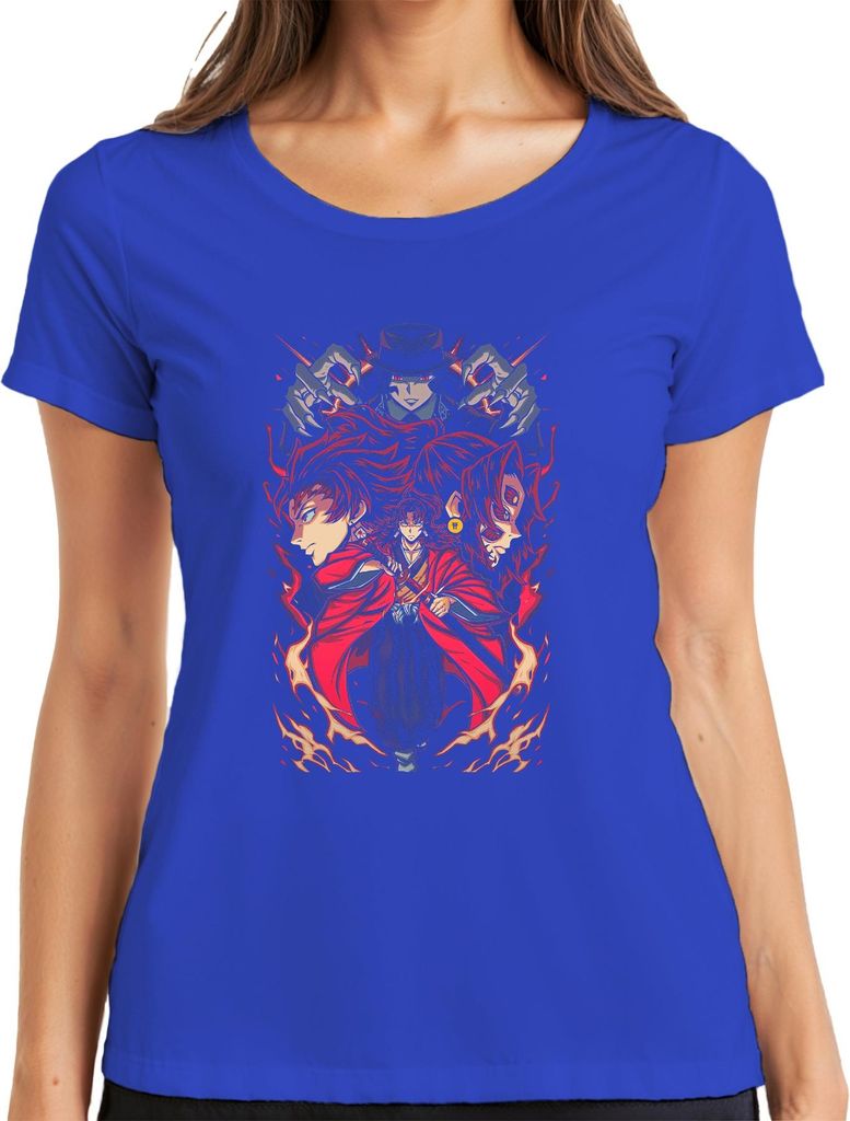 Samurai Katana Dämonenjäger Feuer Maske Anime Manga düster Damen T-Shirt, Blau, M