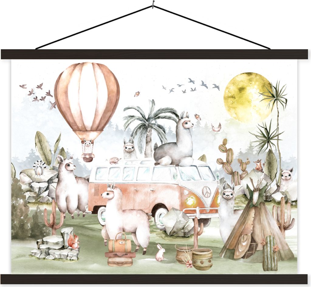 MuchoWow Textilposter Alpaka - Tiere - Kinder - Heißluftballon - Kinder 150x113 cm mit schwarzem Rahmen - Wohnzimmer