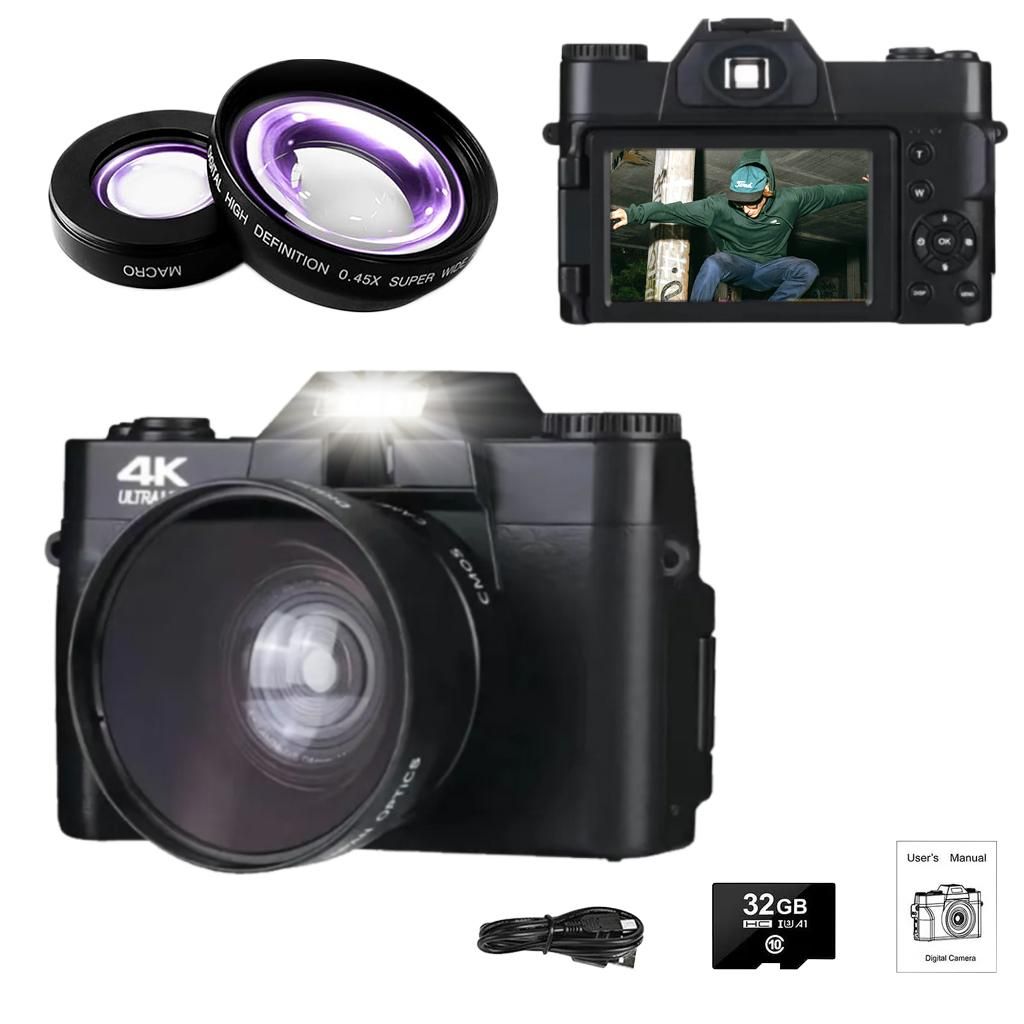 Digitalkamera 4K 48MP, Fotokamera mit 180° Flip 3.0" Bildschirm, 16X Digitalzoom Kompaktkamera, 64GB TF-Karte, WiFi-Funktionalität, Schwarz