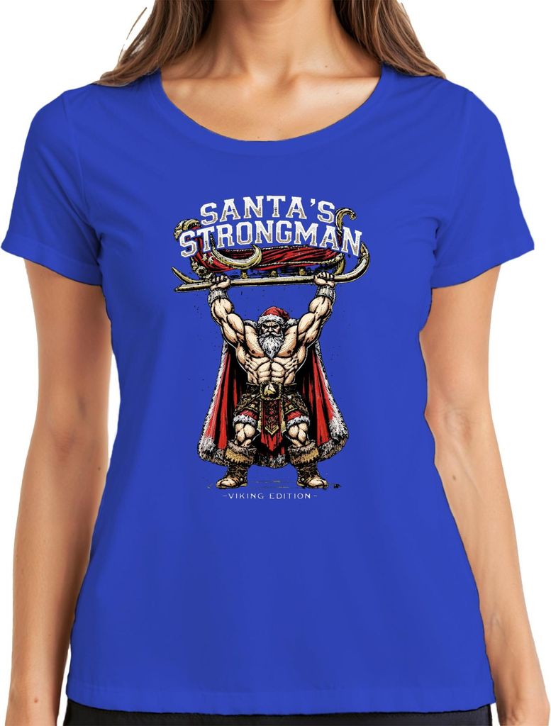 Santa's Strongman Weihnachtsmann Wikinger Geschenk Fitness Retro Damen T-Shirt, Blau, M