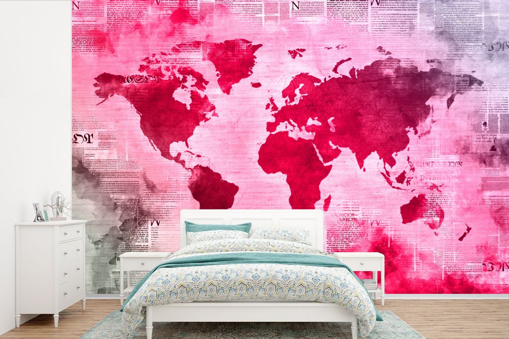 MuchoWow Fototapete für Wohnzimmer oder Schlafzimmer Wandtapete Vinyl Motivtapete Weltkarte - Rot - Zeitung - 525x350 cm - Das Hintergrundbild