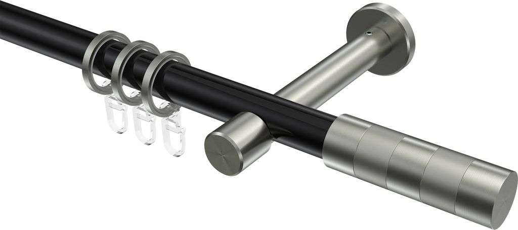 Interdeco Gardinenstange / Vorhangstange Schwarz / Edelstahl-Optik, Typ Prestige Mavell (Zylinder Bicolor), 20 mm Ø 1-läufig, 240 cm