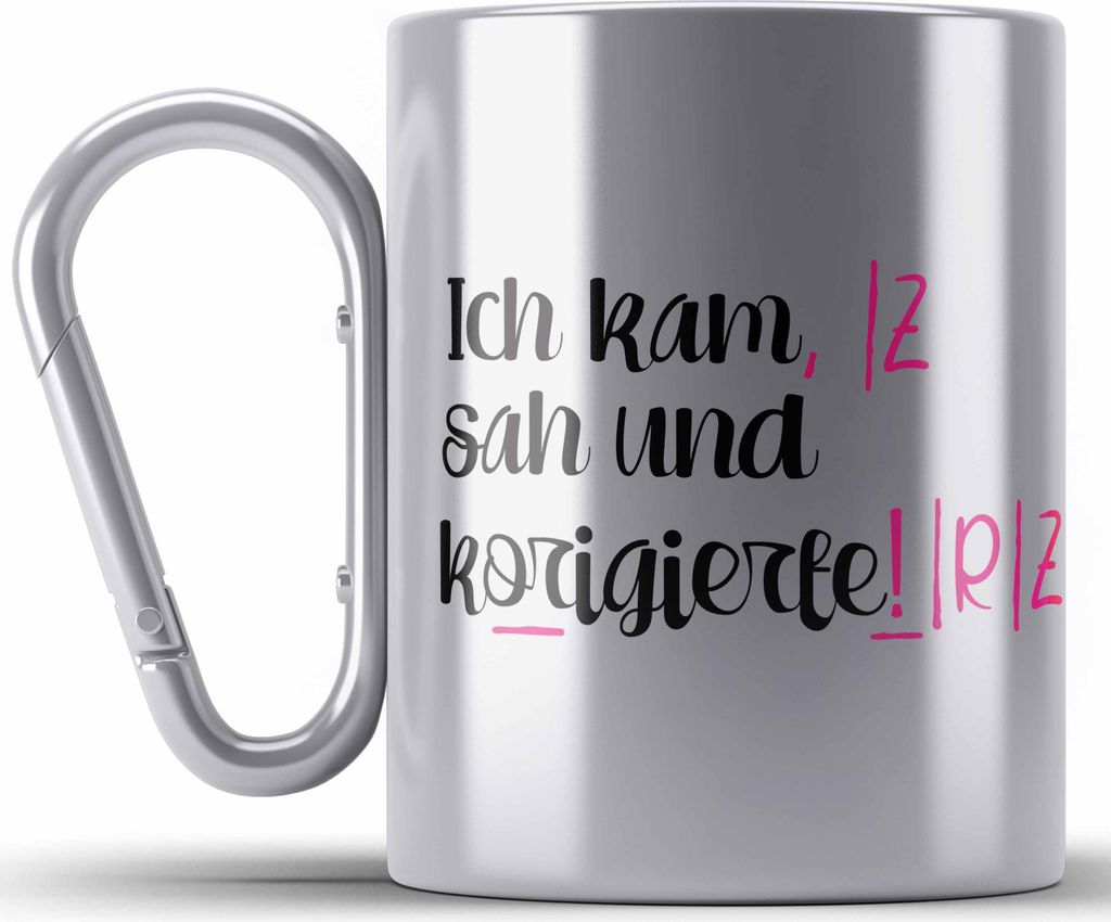Trendation - Lehrerin Geschenk Edelstahl Tasse Karabiner Spruch Grundschule Geschke Lustig für Lehrerinnen Abschied Geschenkidee Englisch Deutsch ...