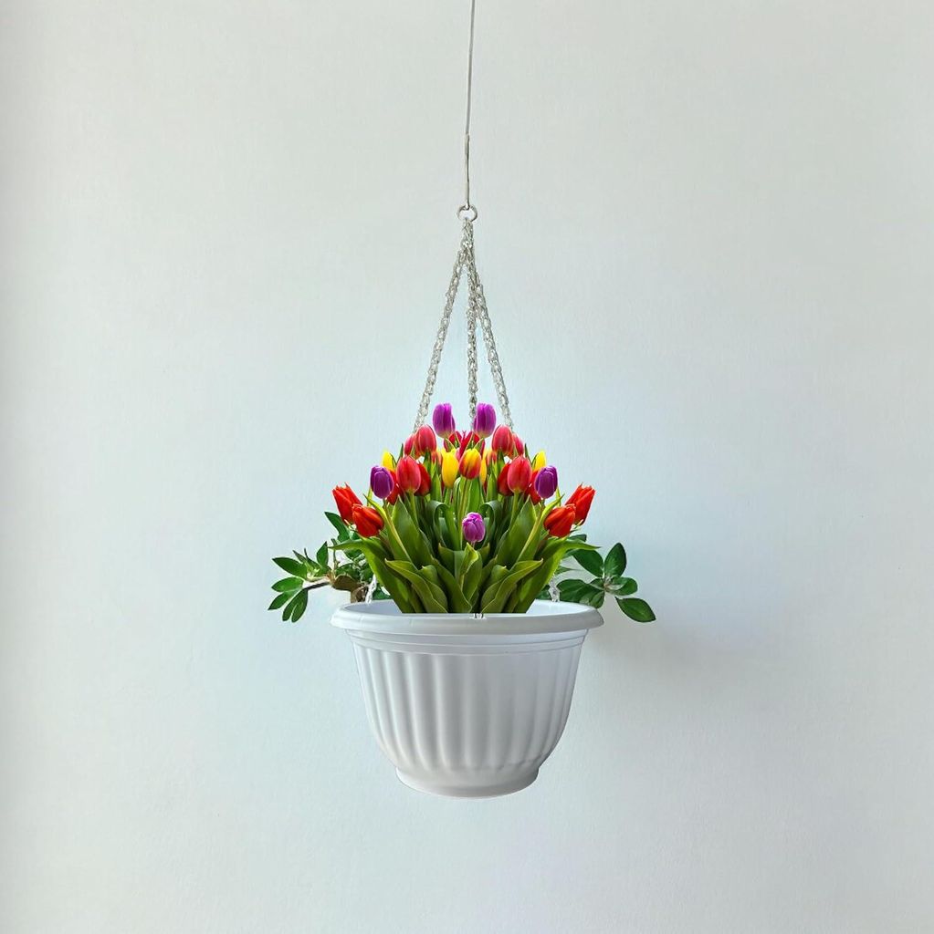 Hängender Topf 20 cm - Pflanzenbehälter zum Aufhängen - Haken und Kette - Korb für Pflanzen und Blumen - Weiß