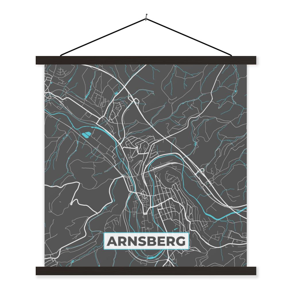 MuchoWow Textilposter Stadtplan - Karte - Arnsberg - Blau - Deutschland - Karte 90x90 cm mit schwarzem Rahmen - Magnetisches