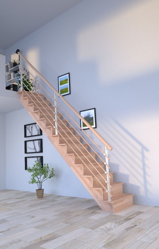 Holztreppe Lindos (Buche) in gerader Ausführung-100 cm-Design Geländer Holzrundstäbe-mit Setzstufen