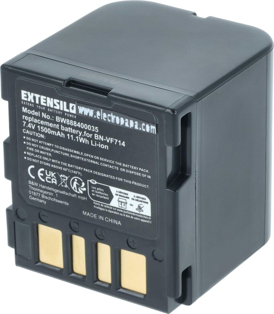 EXTENSILO Akku kompatibel mit JVC GR-D270EG, GR-D270E, GR-D270, GR-D250US, GR-D250U, GR-D250, GR-D247, GR-D270EX Kamera (1500 mAh, 7,4 V, Li-Ion)