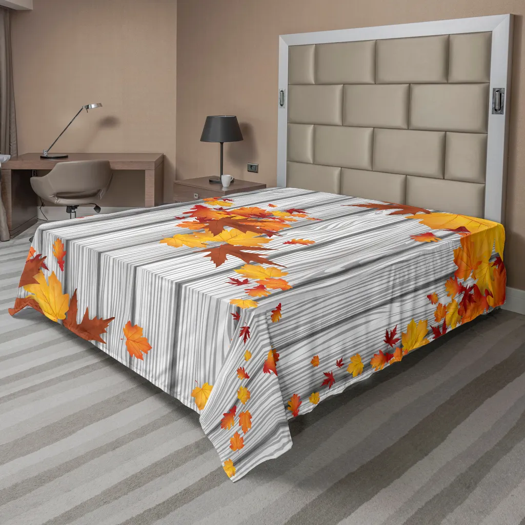 ABAKUHAUS Lenzuolo autunnale, foglie d'acero autunnali, foglie diagonali, fogliame rustico, assi di legno, morbido e confortevole lenzuolo superiore per un letto decorativo, 1 pezzo, 260 cm x 228 cm, arancione e bianco