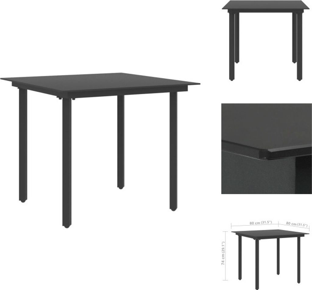 vidaXL Garten-Esstisch Schwarz 80x80x74 cm Stahl und Glas - Gartentische