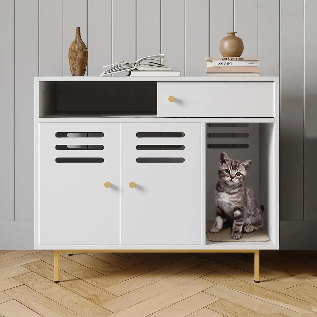 Meuble litière chat design 2 en 1 blanc avec pieds métal et rangement