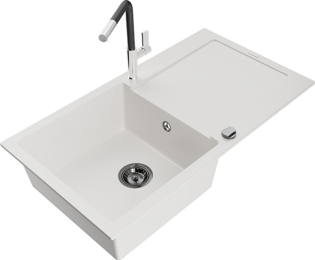 Mexen Leo 1 Becken-Granitspüle mit Abtropffläche und Mischbatterie Flora, Weiß - 6501-20-670401-07-B