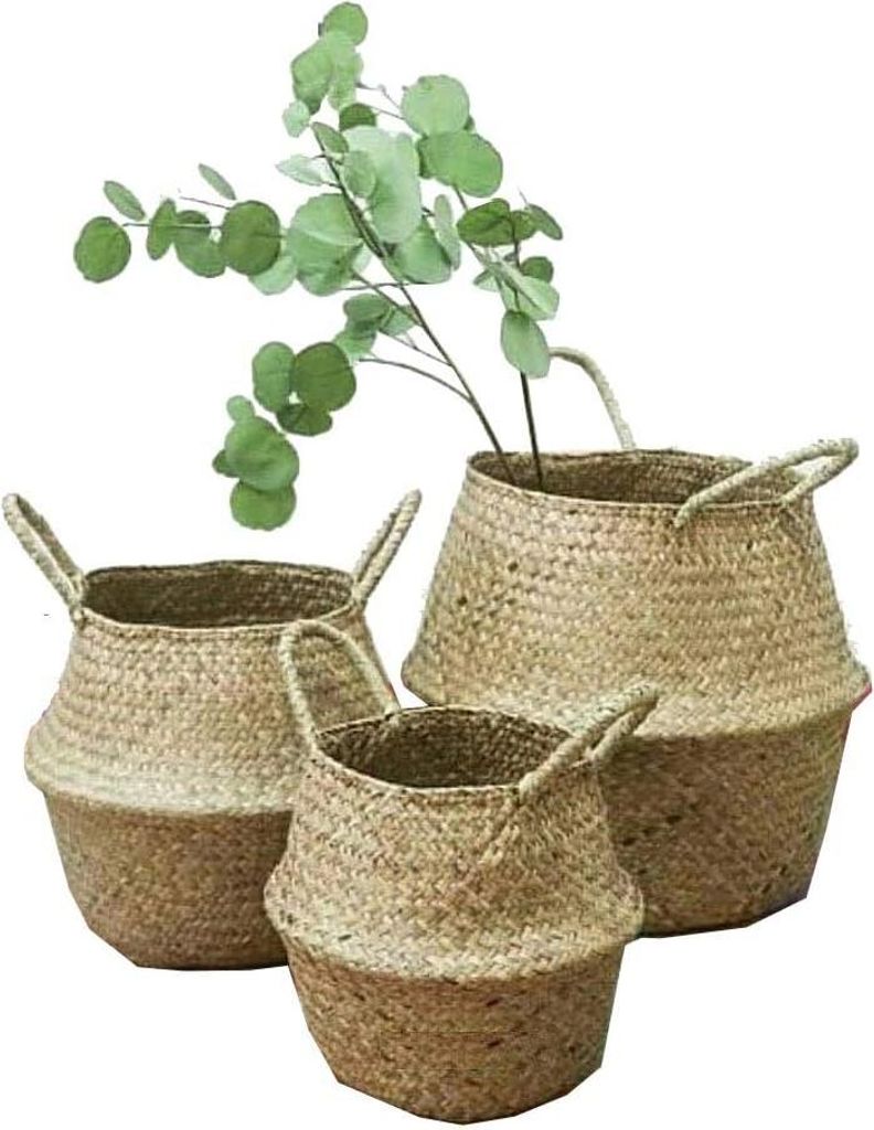 Faltbare Seegras Blumenmand - handgewebt - für Pflanzen und Blumentöpfe mit Handgriffen - dekorative Strohmanschette