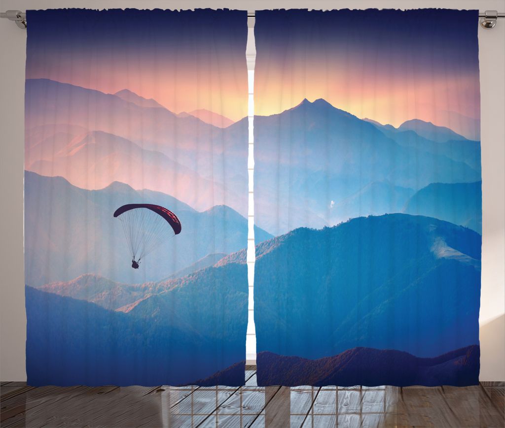 ABAKUHAUS Natur Rustikaler Gardine, Paraglide Sun Berge, Schlafzimmer Kräuselband Vorhang mit Schlaufen und Haken, 280 x 225 cm, Blau Rosa