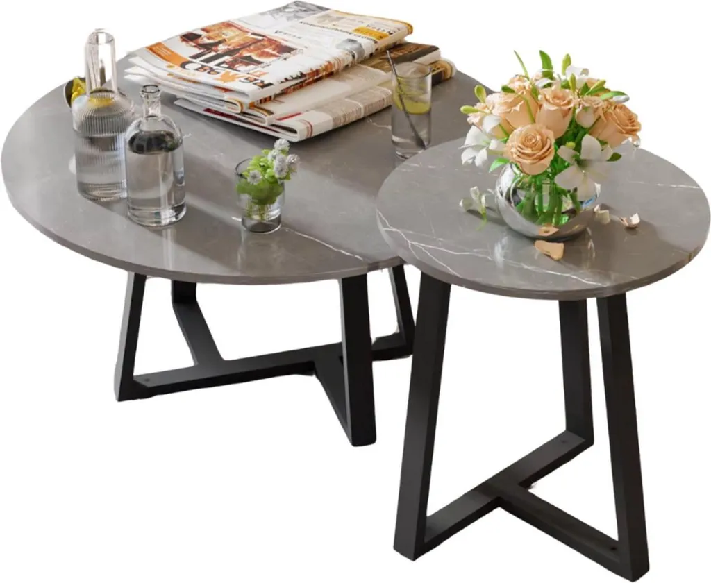 Tables basses Delunce Lot de 2 rondes en pierre frittée et métal noir