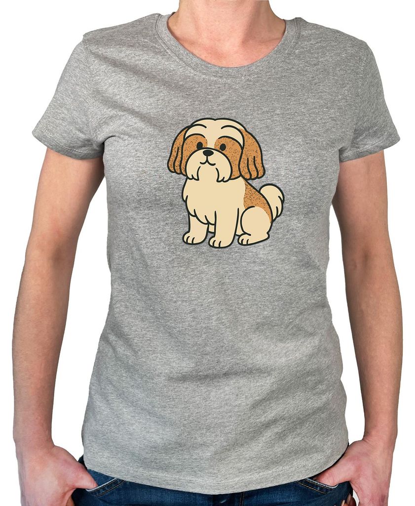 Huuraa Damen T-Shirt Shih Tzu Comic Shishi S Sport Grey Bio Baumwolle Fairtrade Damenshirt Geschenkidee