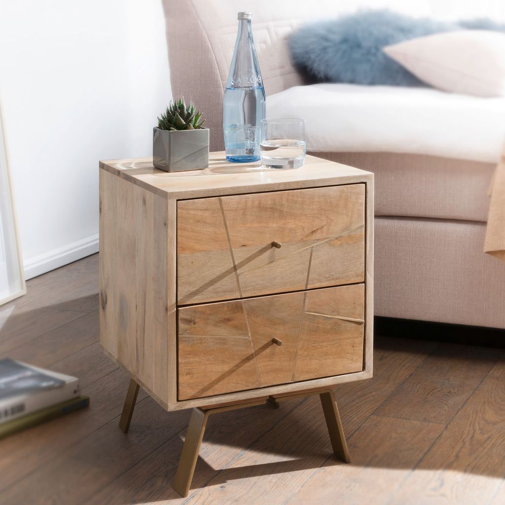 FineBuy Nachtkonsole Mango Massivholz mit 2 Schubladen – moderner Nachttisch Boxspringbetten im Natur Design, Nachtkästchen handgefertigt 40x56x...
