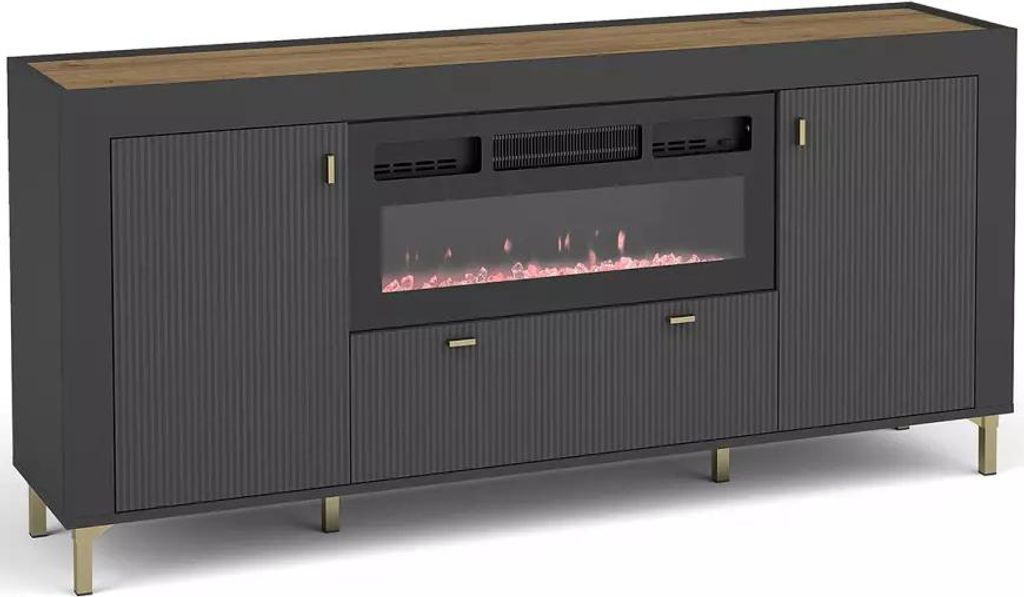 Große Kommode mit elektrischem Kamin AUROVA – Schwarz/Whiskey-Eiche