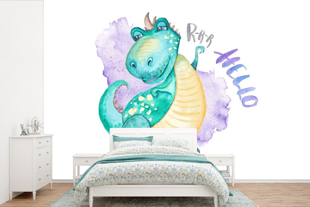 MuchoWow Fototapete für Wohnzimmer oder Schlafzimmer Wandtapete Vinyl Motivtapete Dinosaurier - Tapete Kinderzimmer - Grün - Jungen - Mädchen ...