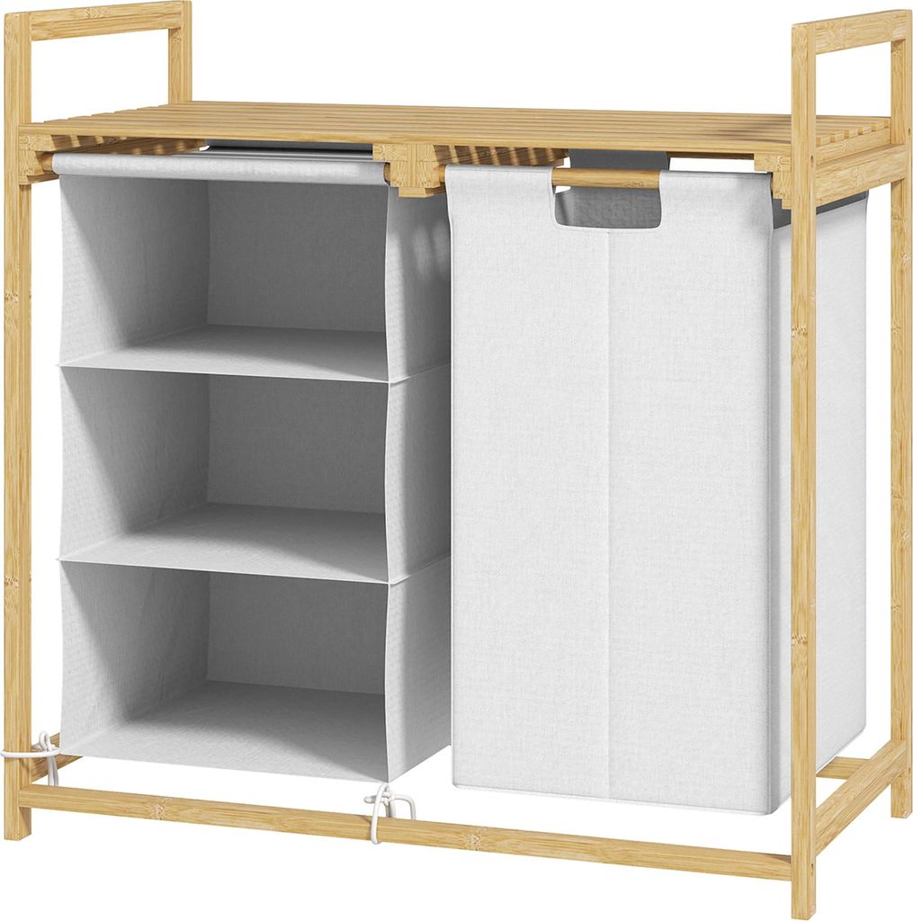 Bambus Wäschekorb mit Wäschesack und Stoffschublade, 70x36x70 cm, Weiß/Holz, Stauraum für Wäsche, Organizer
