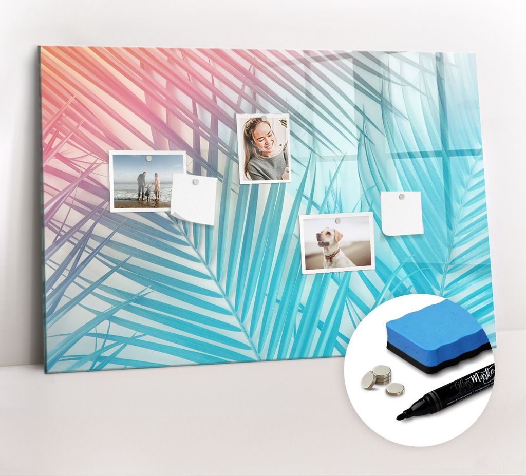 Magnetpinnwand Memoboard - Zubehörsatz - Schwarzer Marker + Schwamm + Magnete - 90 x 60 cm - Tropische Palme