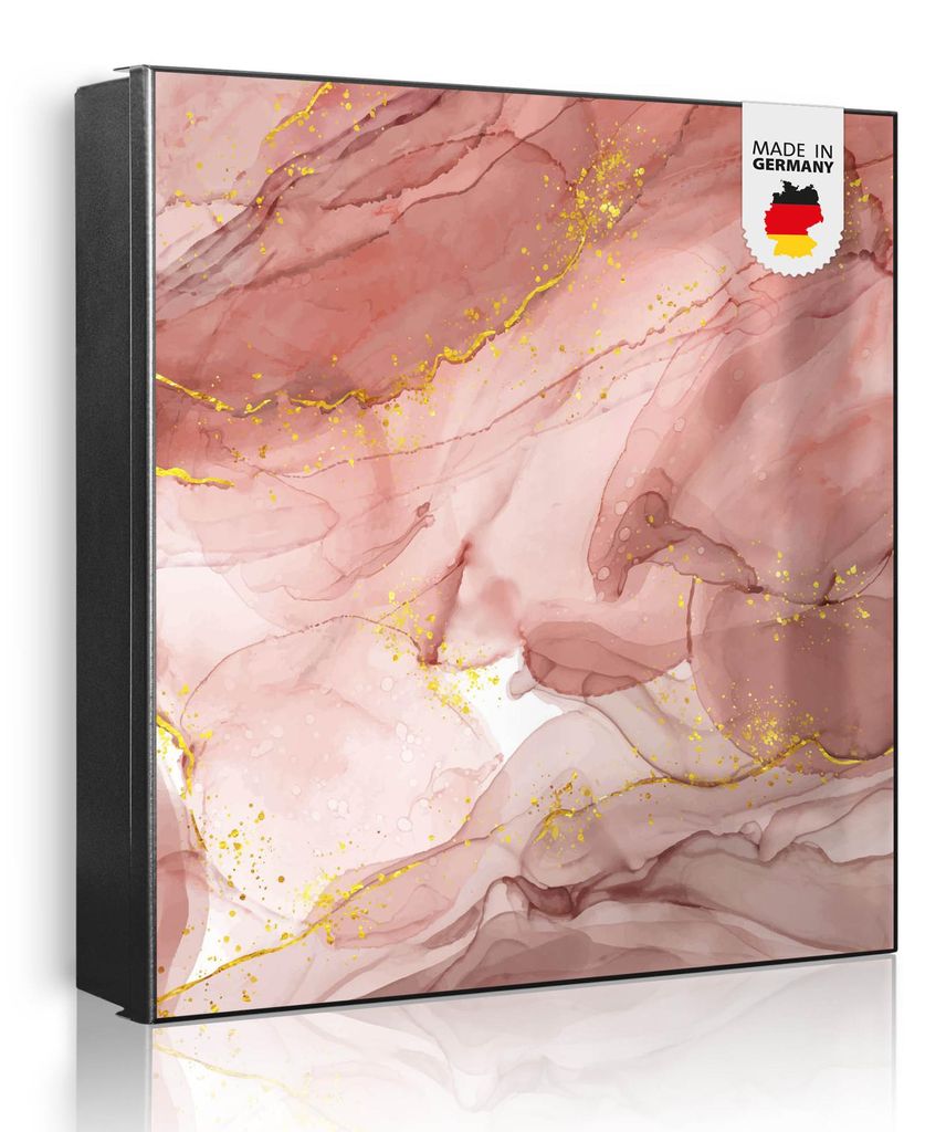 banjado Schlüsselkasten aus Metall, 30x30cm groß mit 32 Haken, als Magnettafel nutzbar, Korpus schwarz, Anschlag rechts, Rosa Marmor mit Gold 1 [...