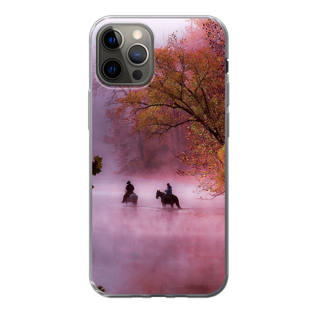 MuchoWow Handyhülle Schutzhülle Hülle für iPhone 12 Pro Pferde - Nebel - Wald Silikon Softcase Handy Hülle - Abdeckung