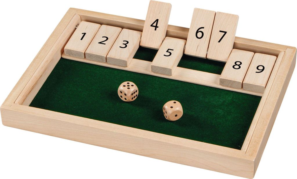 goki WG175 Shut the box Würfelspiel, 25,5 x 17,5 x 2,3 cm , Holz, 2 Würfel, natur
