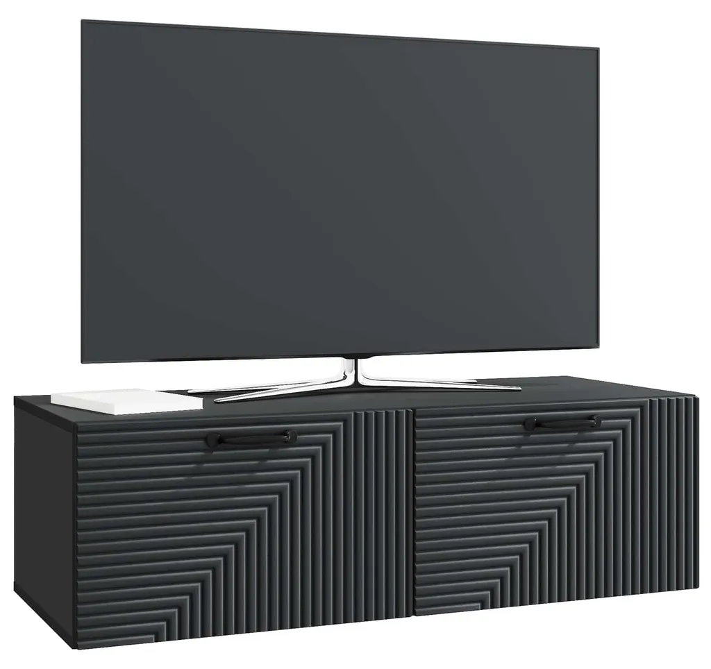 Meuble TV mural noir compact 98 cm en panneau robuste avec rangements