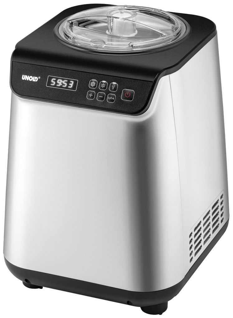 Die Unold Eismaschine Uno inklusive Eisbuch 1,2 L ist eine silber-schwarze elektrische Eismaschine m