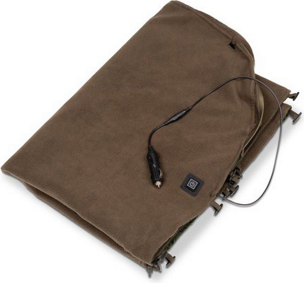 A folded brown heated blanket with a power cord and car adapter.