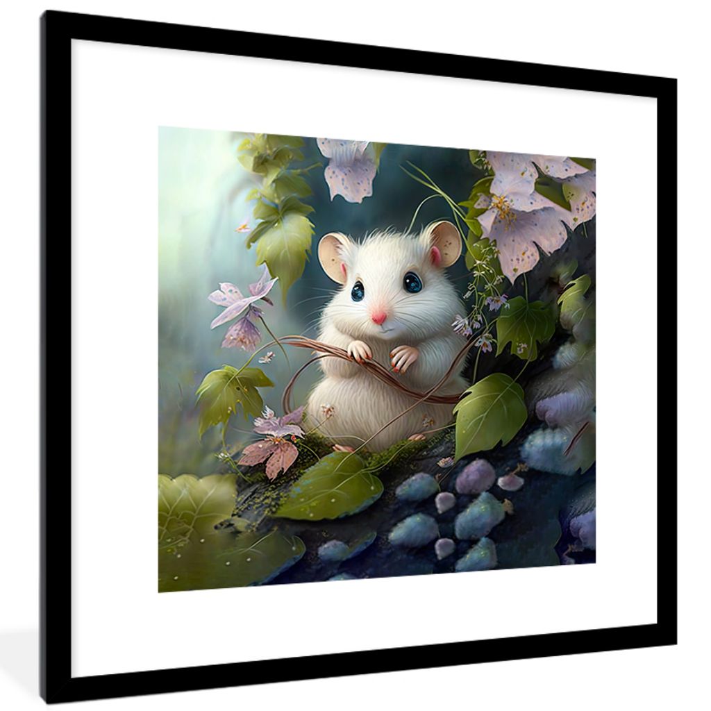 MuchoWow Gerahmtes Poster Maus - Wald - Blumen - Illustration - Waldtiere 40x40 cm - Poster mit Schwarzem Bilderrahmen Wandposter Rahmen Foto Bil...