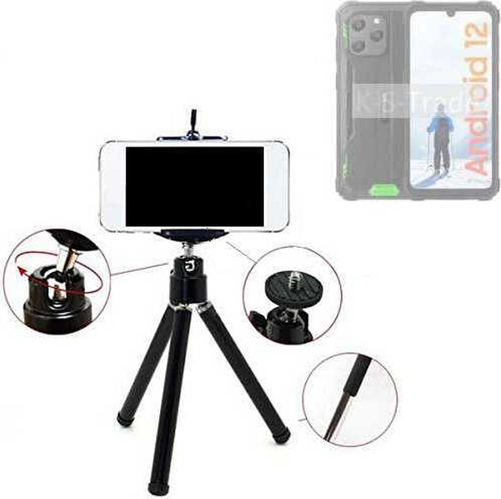 K-S-Trade Smartphone Stativ Dreibein kompatibel mit Blackview BV5300 Tripod aus Aluminium Klemmstativ Stativ Adapter für Mobiltelefone schwarz 1x