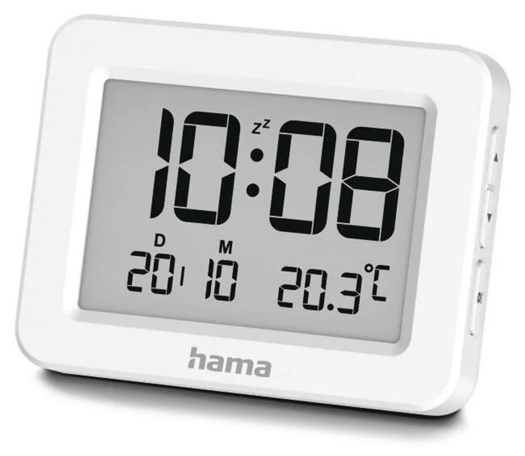 Réveil LCD blanc Kos compact avec grand affichage et mode répétition