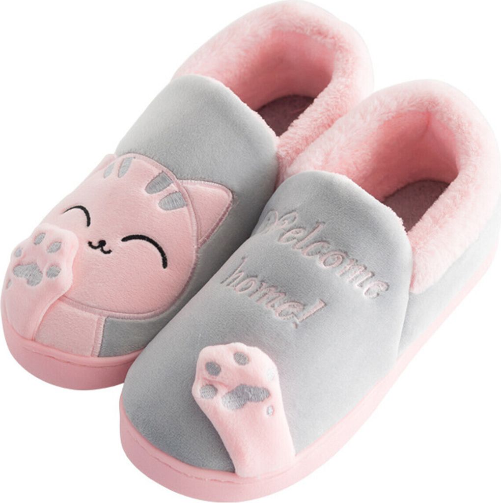 ASKSA Damen Herren Pluesch Baumwolle Hausschuhe Damen Herren Winter Warme Gefuettert weiche Pantoffeln mit Cartoon Katze rutschfeste Slippers Hause...