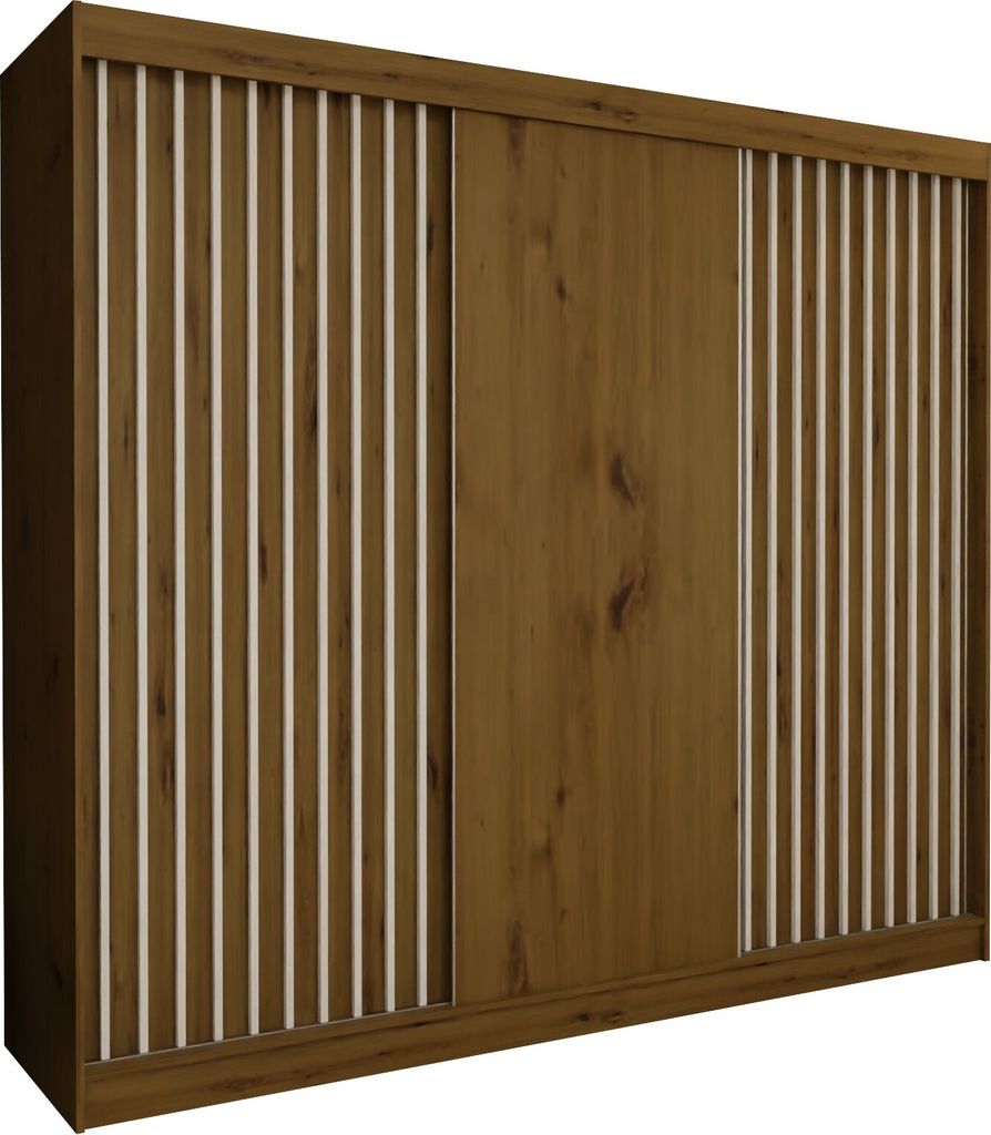 Masseno Schiebetürenschrank LAMELLO 240 cm Kleiderschrank mit 4 Schubladen Schlafzimmer Schrank 3-türig mit Lamellen Eiche Artisan