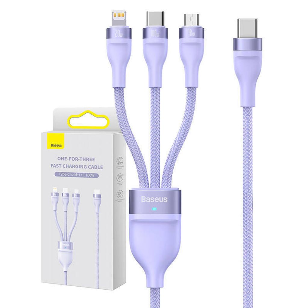 Baseus Flash Series 2 Drei-in-Eins-Kabel USB-C + Micro-USB + Lightning Lila 100 W, 1,5 m (CASS030205)