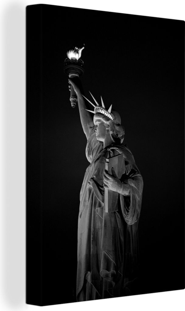 OneMillionCanvasses - Leinwandbilder - 90x140 cm, Beleuchtete Freiheitsstatue bei Nacht in New York Amerika - schwarz und weiß, Wandbilder Kunst...