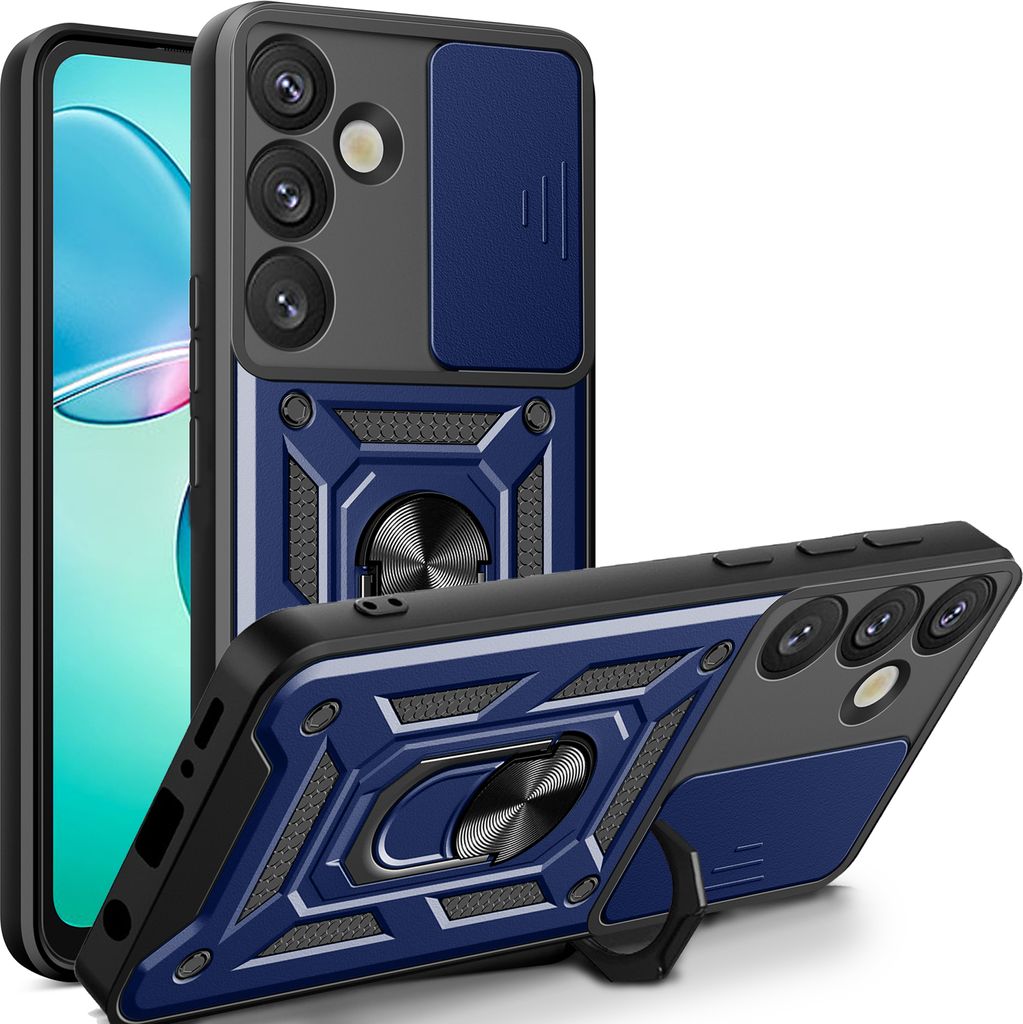 A blue and black phone case with a camera cover and ring holder is displayed from multiple angles.