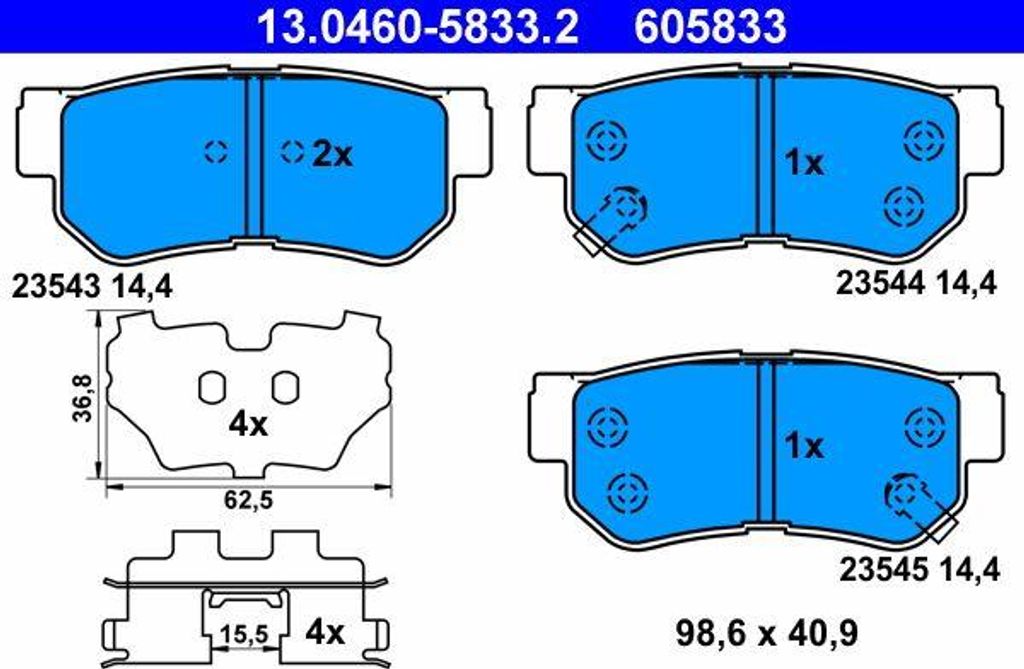 ATE 13.0460-5833.2 Bremsbelagsatz, Scheibenbremse OE 583023KA40 kompatibel mit Elantra, Getz, Grandeur, Highway, Matrix, Santa Fe, Sonata, Trajet, ...