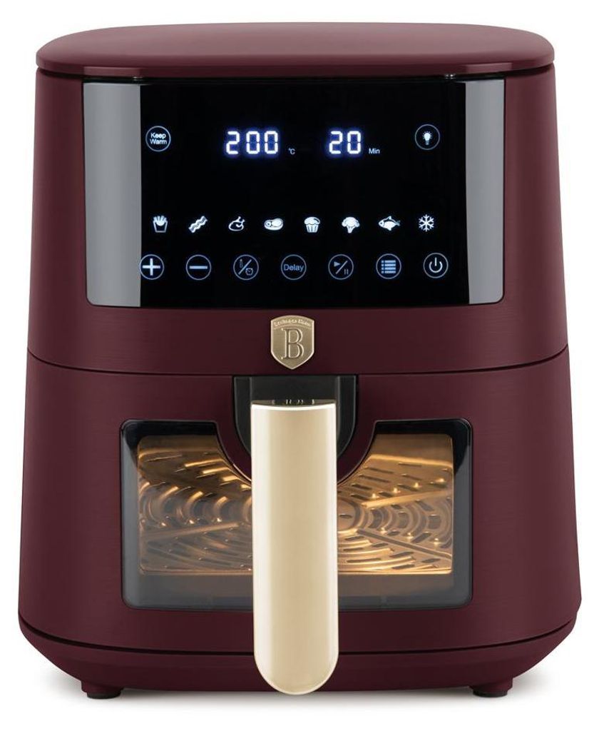 A digital air fryer with a transparent window and a touch screen display.
