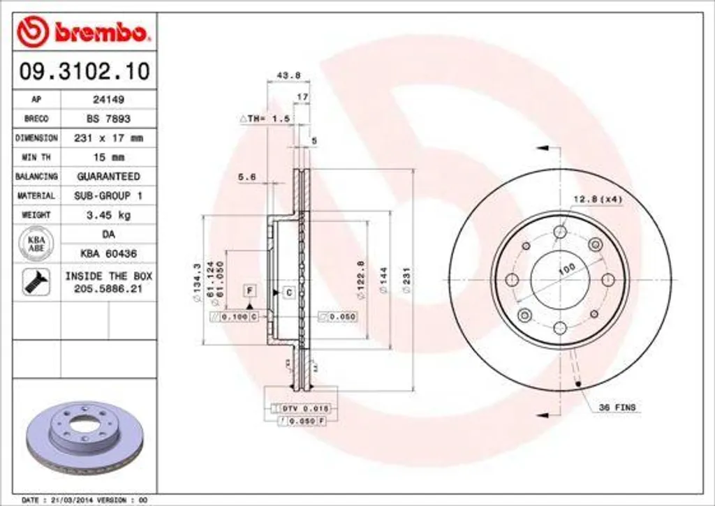 Disque Brembo 09.3102.10 Haute Performance 45251SB2750 pour Civic Vtec