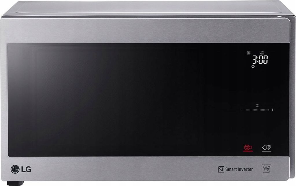 A silver LG microwave oven with a black glass door and a digital display showing "3:00".
