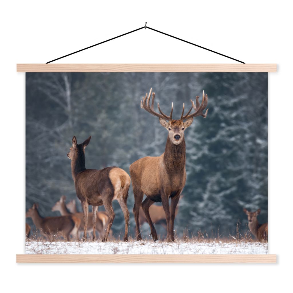 MuchoWow Textilposter Waldtiere - Hirsche - Landschaft - Winter - Schnee - Natur 120x90 cm mit holzfarbenen Rahmen - Magnetisch