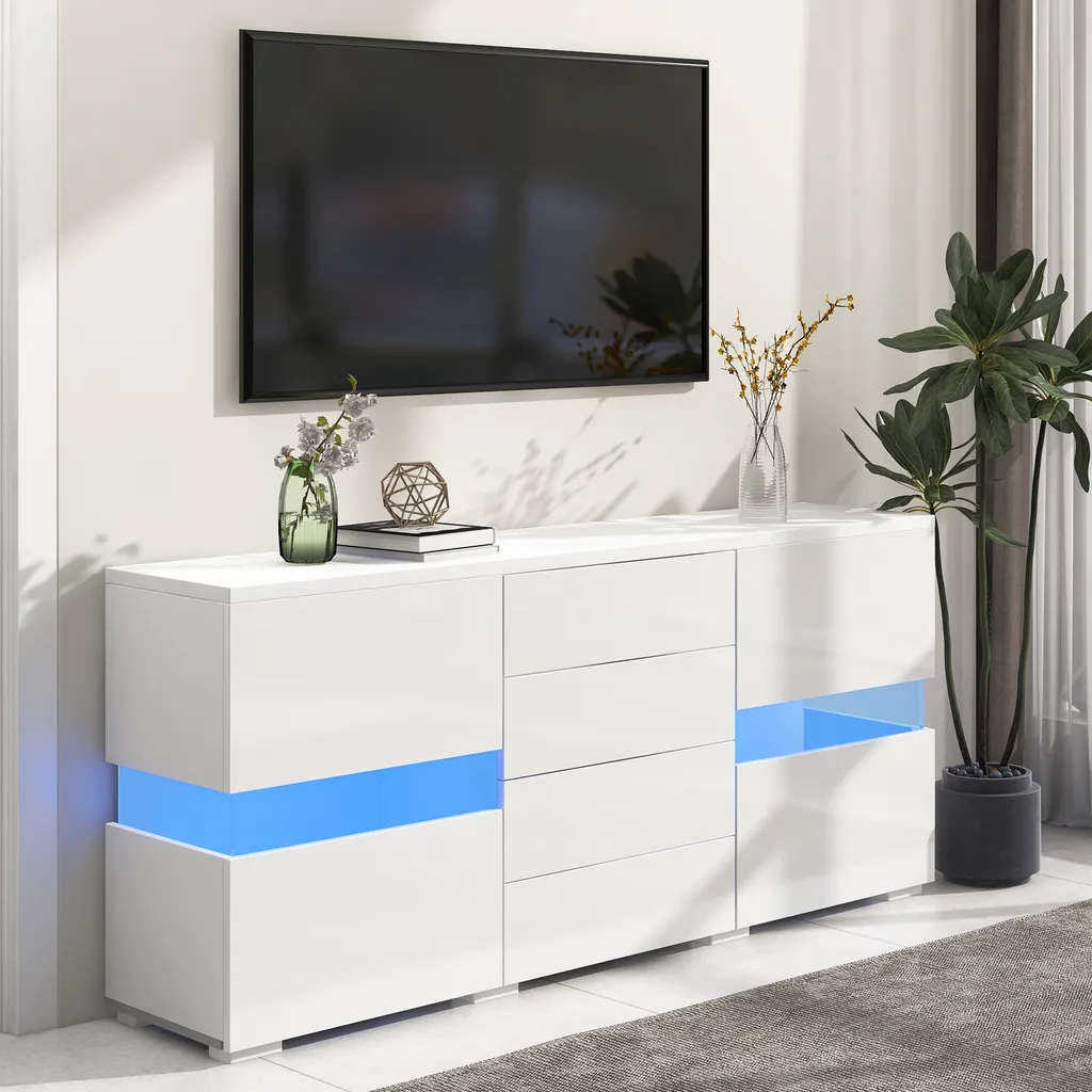 Commode LED 16 Couleurs Grand Rangement Buffet Bas Blanc Brillant