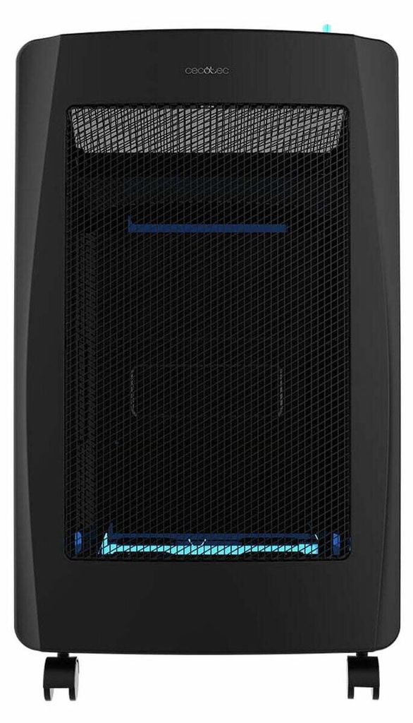 A black portable gas heater is shown in a front-facing view.