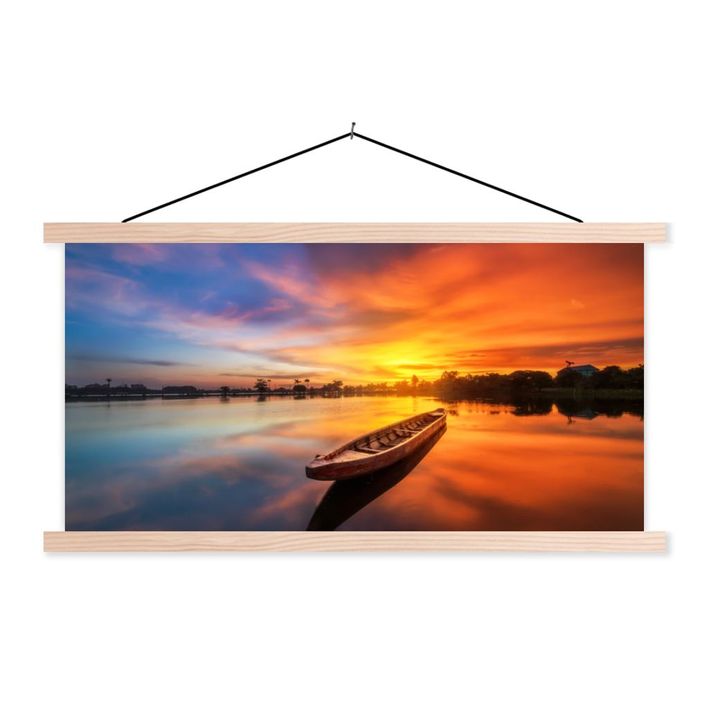 MuchoWow Textilposter Boot - Wasser - Sonnenuntergang - Orange - Wasser 60x30 cm mit holzfarbenen Rahmen - Dekoration