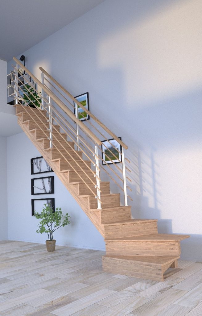 Holztreppe Lindos (Eiche) in 1/4 gewendelter Ausführung links-100 cm-Design Geländer Holzrundstäbe-beidseitig-mit Setzstufen